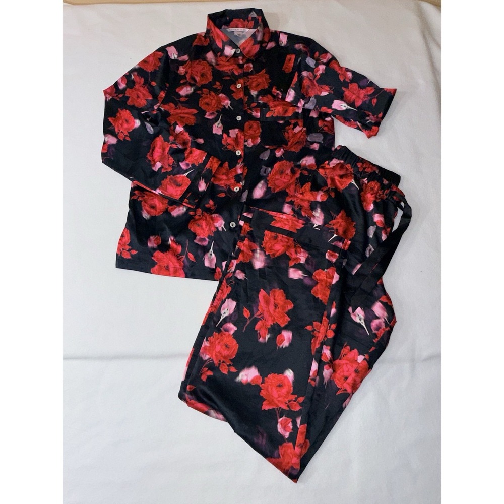 Victoria Secret Satin Pajama Set 2 Piece "Afterhours" Black Red Roses Size M